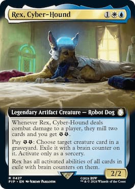 Imagen de un perro con un cerebro diferente en la cabeza a través del set de MTG Fallout Commander Rex, Cyber-Hound