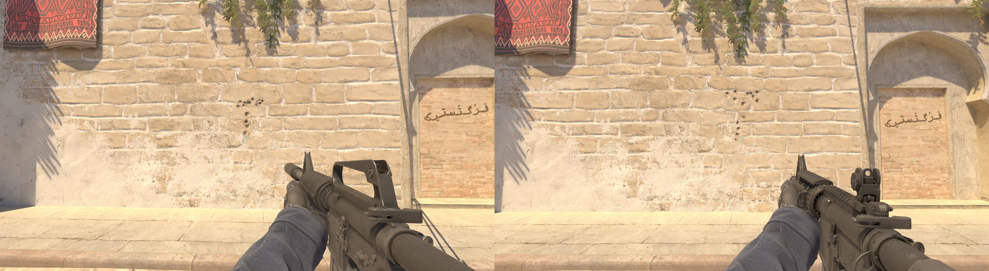 La imagen de la izquierda muestra el patrón de rociado del M4A1-S en CS2, mientras que la imagen del lado derecho muestra el patrón de rociado del M4A4 en CS2.
