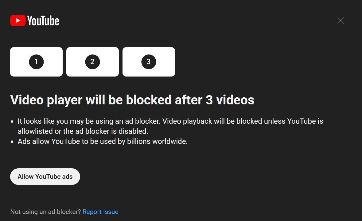 El reproductor de video se bloqueará después de 3 videos.