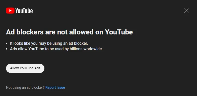 Los bloqueadores de anuncios no están permitidos en YouTube