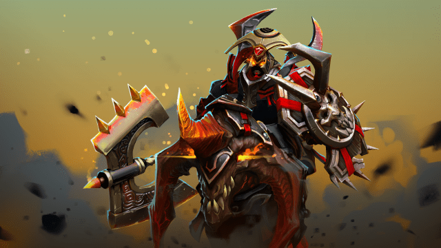 Un caballero con armadura roja y negra que sostiene un escudo y un hacha cabalga sobre un caballo de guerra en Dota 2.