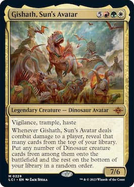 Gishath liderando a otros dinosaurios a la batalla en la tarjeta MTG en el set LCI