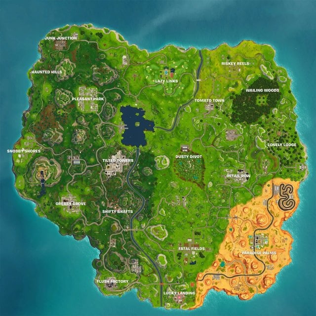 Mapa de la isla durante Fortnite capítulo uno, mapa de la temporada 5