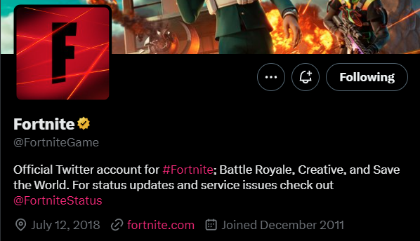 Una imagen del perfil de Twitter de Fortnite, con su ubicación configurada en "12 de julio de 2018."