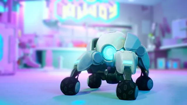 Un robot Killjoy de color azul brillante con ruedas pequeñas en VALORANT.