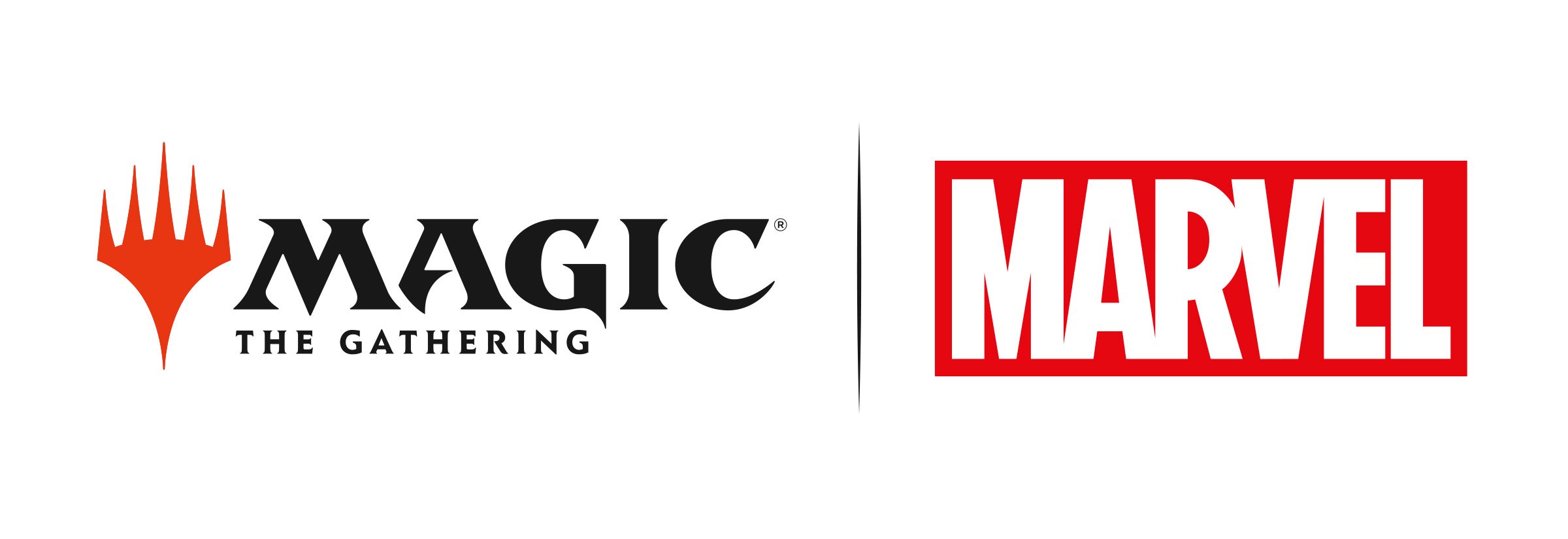 Imagen de los logotipos de MTG y Marvel juntos a través del crossover Universes Beyond