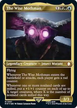 Imagen de Mothman con ojos de insecto morados obtenida por MTG Fallout Commander The Wise Mothman