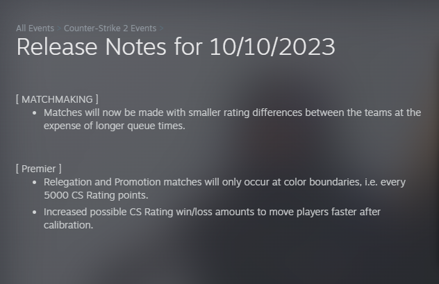 Una captura de pantalla de las notas de actualización de Valve del 10 de octubre para Counter-Strike 2.