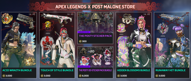 Una captura de pantalla de la tienda del juego Apex Legends que muestra el evento Post Malone y varios paquetes de diseños y pegatinas.