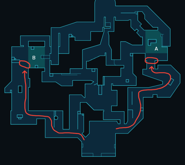Dos caminos para llegar desde el lugar de aparición del atacante al sitio A y B en Pearl, en uno de los mapas de VALORANT.