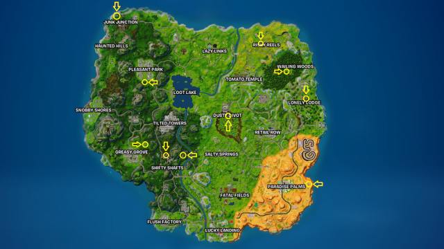 Imagen que muestra todas las ubicaciones de los gnomos en el mapa de Fortnite OG.