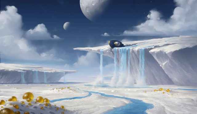 Arte alternativo de Hallowed Fountain Unfinity.  Una nave espacial se estrelló y aterrizó en un planeta alienígena desierto.