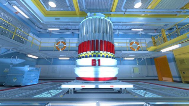 Un silo nuclear sobre un panel de piso de vidrio con una barandilla en Nuke en Counter-Strike 2.
