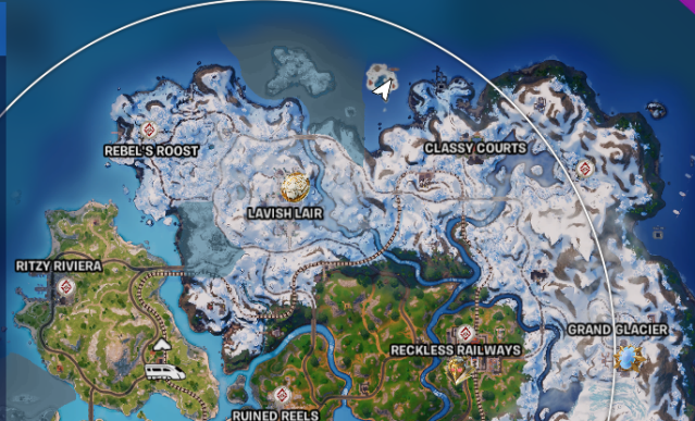 Una captura de pantalla del mapa de Fortnite que muestra al sargento.  Ubicación del invierno.