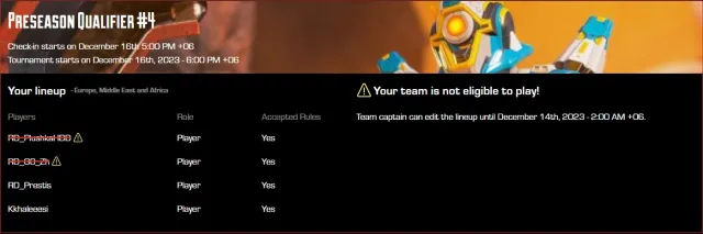 Captura de pantalla de Battlefy con una notificación que dice "Tu equipo no es elegible para jugar" tomada por G0_Zh