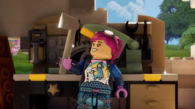 Personaje de LEGO Fortnite sosteniendo un hacha.