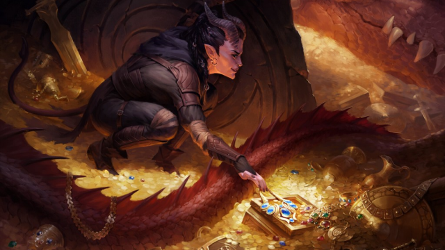 Una mujer con cuernos y cola se acerca a un montón de joyas mientras un dragón duerme cerca en MtG.
