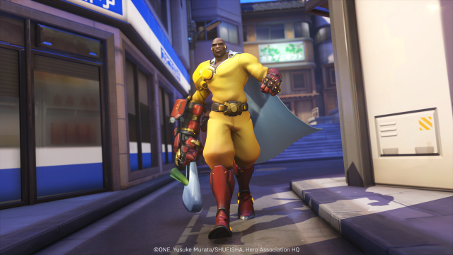 La piel One Punch Man de Doomfist, con un traje mayoritariamente amarillo.