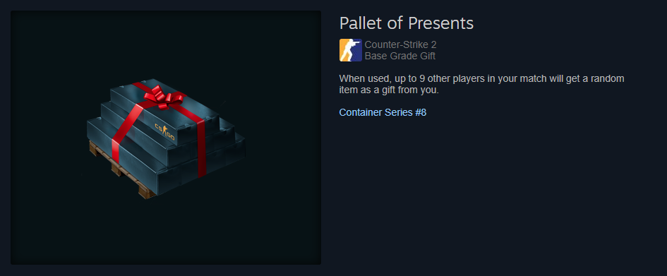 Listado de cajas de Pallet of Presents en el mercado de la Comunidad Steam.