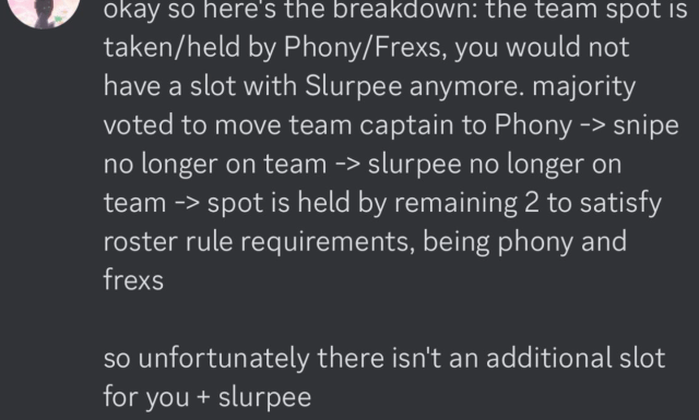 captura de pantalla publicada por Snip3down en Twitter: "Bien, aquí está el desglose: el lugar del equipo lo ocupan Phony/Frexs, ya no tendrías un lugar con Slurpee."