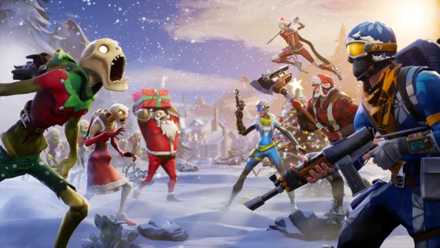Personajes de Fortnite con skins navideñas.