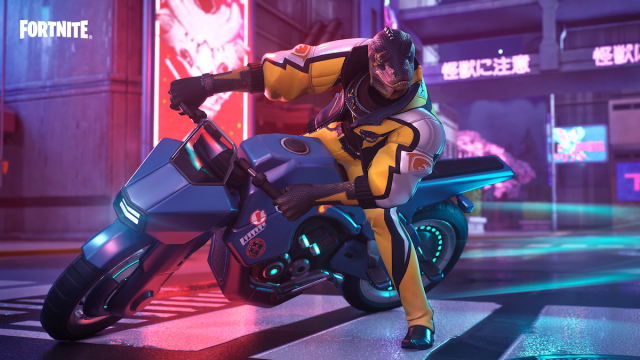 Un personaje de Fortnite conduciendo una motocicleta.