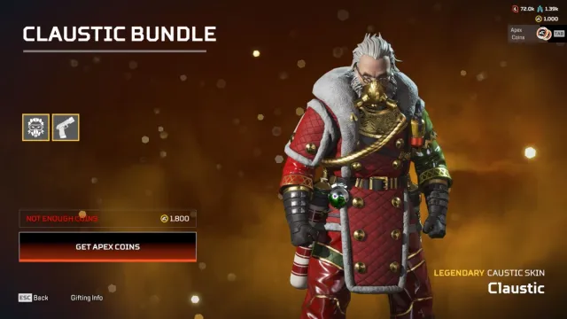 Una captura de pantalla del juego de un aspecto navideño de Caustic en la tienda de Apex Legends.