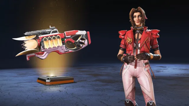 Piel de Horizon con pantalones rosas, chaqueta roja, guantes de cuero sin dedos y cabello castaño junto a la piel de Charge Rifle a juego.