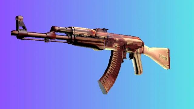 Un AK-47 con piel de 'Rayos X', que presenta un diseño rojo translúcido que revela mecanismos internos, sobre un fondo degradado azul y morado.