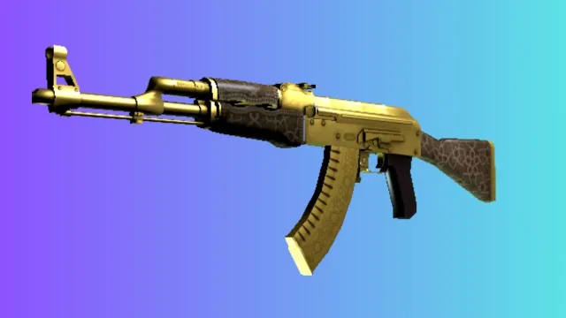 Un AK-47 con una piel 'Gold Arabesque', que presenta intrincados patrones dorados en el cargador, sobre un fondo degradado azul y morado.