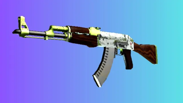 Un AK-47 con una piel 'Hydroponic', que presenta una combinación de colores blanco y verde con toques de lima brillante, sobre un fondo degradado en azul y violeta.