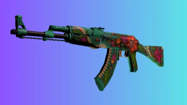 Un AK-47 con la apariencia 'Fire Serpent', que muestra un diseño vibrante con tonos verdes y motivos florales rojos, sobre un fondo degradado azul y morado.