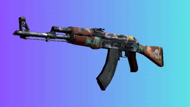 Un AK-47 con la apariencia 'Jet Set', adornado con varias pegatinas de viajes y un mapa mundial, sobre un fondo degradado en azul y violeta.