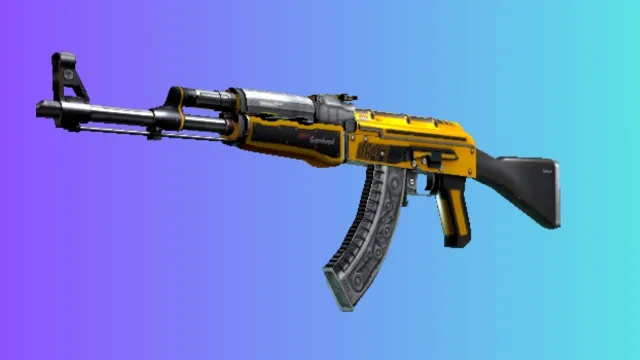 Un AK-47 con la apariencia 'Fuel Injector', que presenta un color amarillo vibrante con detalles en negro y rojo, sobre un fondo degradado en azul y violeta.