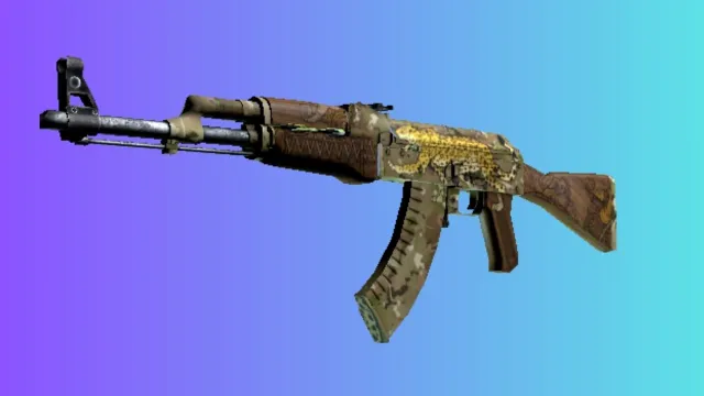 Un AK-47 con la piel 'Pantera Onca', que presenta un patrón inspirado en el pelaje del jaguar, sobre un fondo degradado en azul y violeta.