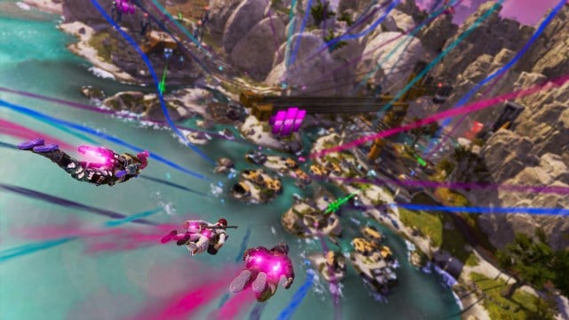 Un escuadrón de Leyendas llega con coloridos rastros de pintura hacia una isla en Apex Legends.