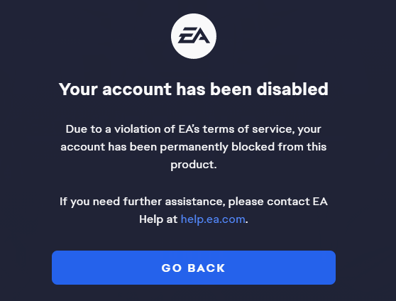 Mensaje de EA que alerta al jugador sobre la prohibición de la cuenta