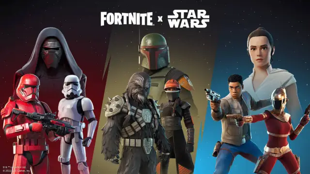 Una colección de personajes de Star Wars y sus nuevos atuendos correspondientes en Fortnite.
