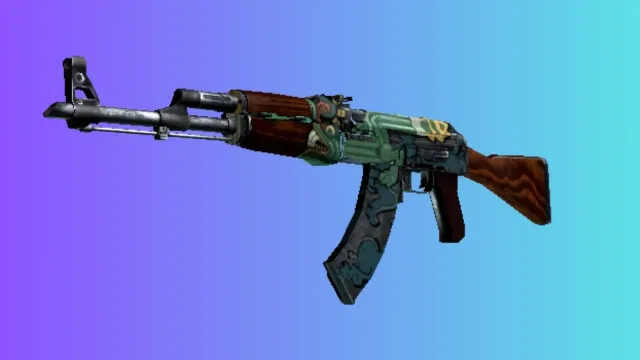 Un AK-47 con una apariencia de 'Loto salvaje' que presenta una combinación de colores verde y azul con motivos florales, mostrados sobre un fondo degradado en azul y morado.