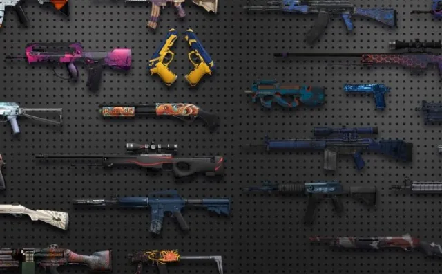 Un surtido de armas Counter-Strike en una pared con diferentes acabados de pintura.