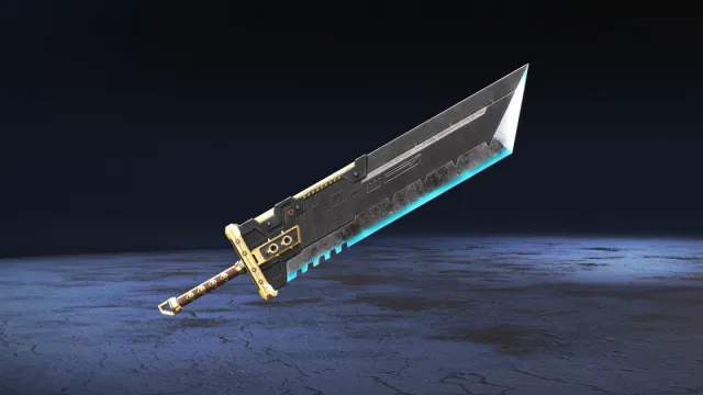 Muestra una espada gigante en forma de bloque con mango de madera y borde azul claro.