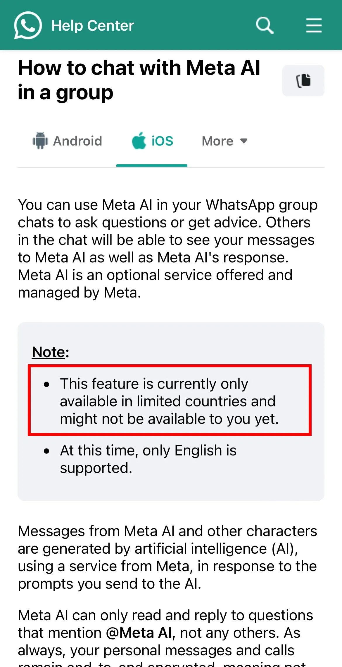 Meta AI no muestra WhatsApp