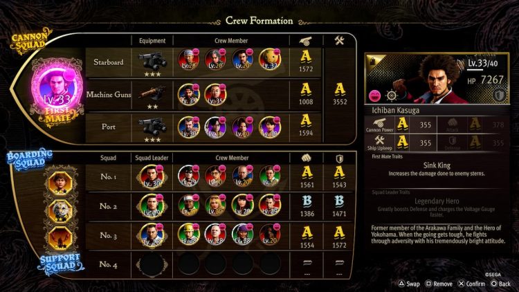 Meilleures formations dequipage du Pirate Coliseum dans Like a Dragon